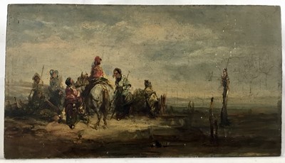 Lot 77 - English School, 19th century, oil on panel - fisherfolk on the shore, 16cm x 29cm, unframed