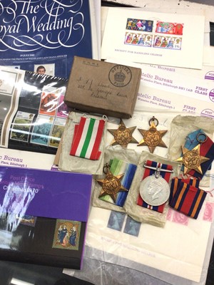 Lot 347 - Group of WWII medals including Burma Star, Italy Star, 1939-1945 Star, Atlantic Star etc, together with stamps and ephemera
