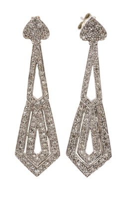 Lot 477 - Pair of Art Deco style diamond pendant earrings with articulated drops with pavé set single cut diamonds in 9ct white gold setting.