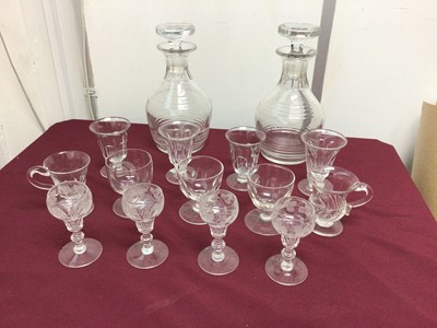 Lot 10 - Pair of Regency cut glass decanters, together with 19th century custard cups and wine glasses