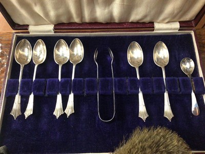 Lot 861 - Silver to include teaspoons and sugar tongs, Georgian tablespoon, glass scent bottle, other dressing table items, Blue John spoon, cigarette case with enamelled pennant and other items