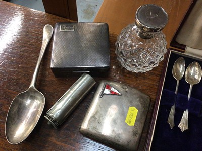 Lot 861 - Silver to include teaspoons and sugar tongs, Georgian tablespoon, glass scent bottle, other dressing table items, Blue John spoon, cigarette case with enamelled pennant and other items