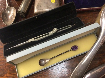 Lot 861 - Silver to include teaspoons and sugar tongs, Georgian tablespoon, glass scent bottle, other dressing table items, Blue John spoon, cigarette case with enamelled pennant and other items