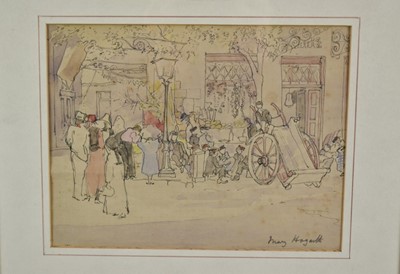 Lot 1096 - Mary Henrietta Uppleby Hogarth (1861-1935) pen, ink and watercolour - Greek Market, c.1920, signed lower right, 17cm x 22.5cm, in glazed frame