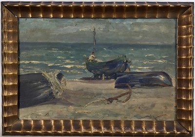 Lot 80 - Louis Parenthou, 1888-1982, French school. Impressionist oil on board study, fishing boats on the shore. Signed lower right, inscribed verso and dated 1923. Gilt moulded frame