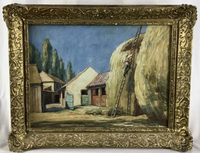 Lot 24 - Tom Whitehead, 1886-1959. Watercolour study of a farmyard and haystack with farmhand. Signed lower right. Gilt moulded frame