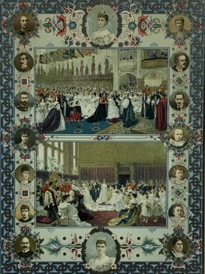 Lot 209 - Queen Victoria, 1837-1901, pair of coloured and gilt lithographs, The Silver Jubilee 1887, 38cm x28cm, in glazed frames