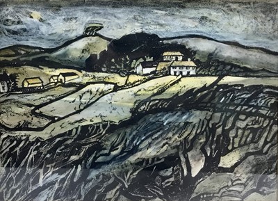 Lot 57 - Jean Hinde, 20th Century. Hand coloured linocut, “Eype Down, Dorset”. Signed and titled to mount. Metal frame