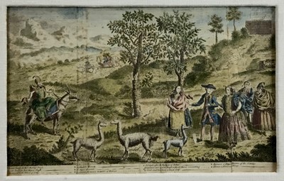 Lot 206 - English 18th century coloured engraving, Peruvian fashion annotated in the lower margin describing Ladies, Servants, Lama’s etc. Linen mounted and gilt frame