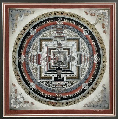 Lot 207 - Tibetan Buddhist School. The Mandala of Kalachakra, gauche study in vibrant colours heightened in gilt. Signed lower right, Deerpa Lama. Mounted in gilt frame