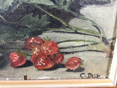 Lot 22 - Continental School. Oil on board still life study, strawberries. Signed lower right. Gilt frame