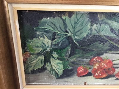 Lot 22 - Continental School. Oil on board still life study, strawberries. Signed lower right. Gilt frame