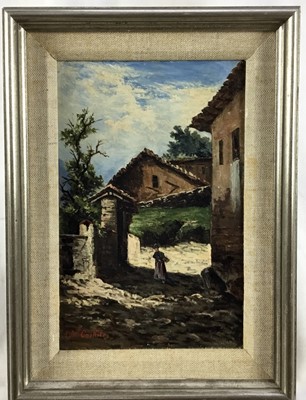 Lot 29 - Continental School. Oil on board, street scene with figure. Signed lower left. Mounted and silvered wood frame