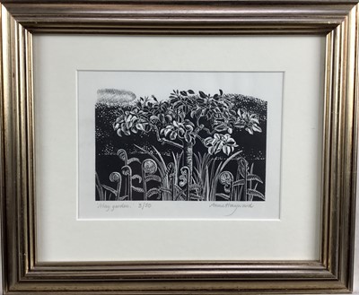 Lot 190 - Anne Hayward, contemporary, pair of signed limited edition woodcut engravings, “A Year In The Garden, July”, and “May Garden, 6/50 and 3/50. 13cm x 18cm, in glazed frames