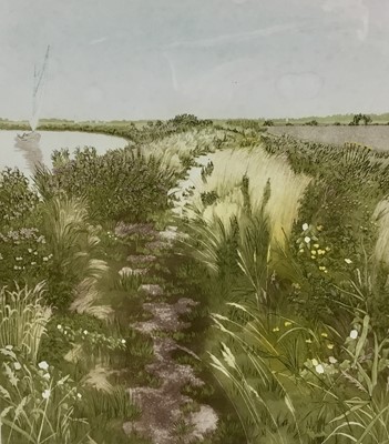 Lot 55 - Contemporary, 20th century. Coloured engraving, fields beside river. Titled and signed to margin, 10/100. Mounted and framed