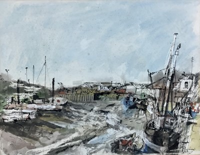 Lot 52 - John Burleigh, 20th century. Watercolour, “Queenborough”. Harbour in the Isle of Sheppey, Kent. Signed and titled lower right