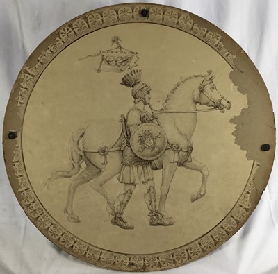 Lot 198 - Large 19th century Grand Tour watercolour, mounted to board, depicting a Roman Centurion leading his horse, probably imitating a shield. 69cm x 69cm