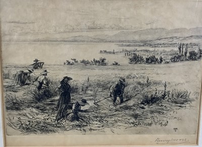 Lot 23 - Henry Moore RA, British, 1831-1895. Etching, Swiss haymakers in extensive landscape with a bay in the distance. Initialled within etching H.M. 9. Signed in graphite lower right. Mounted and frame