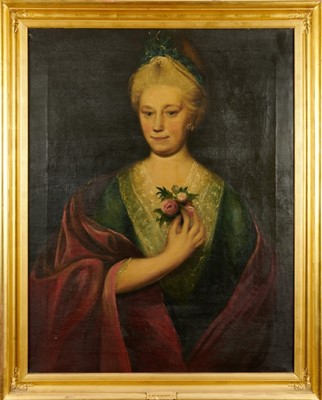 Lot 1076 - English School, late 18th century, oil on canvas - portrait of a lady, ‘Mrs Milbourne’ 90cm x 70cm, in gilt frame