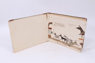 Lot 717 - Amusing 19th century hand drawn and painted satirical book, depicting officers as donkeys and with various other sketches, marbled board ends, 19 x 25cm
