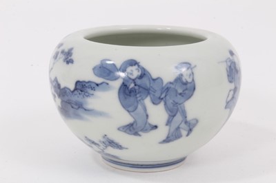 Lot 116 - A Chinese blue and white small porcelain bowl, probably early 20th century, painted with figures and landscapes, double ring mark to base