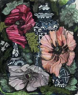 Lot 51 - *Dione Page (1936-2021) gouache still life of Chinese vases and flowers, together with a double portrait by the same hand, and a cockerel also possibly by the same hand (3)