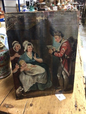 Lot 111 - English School - An English foot soldier of the early 1800's reading a letter to ladies at a cottage door