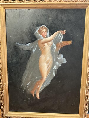 Lot 153 - Neapolitan School 19th Century, oil on board, 
A floating nude goddess. 34 x 24cm.