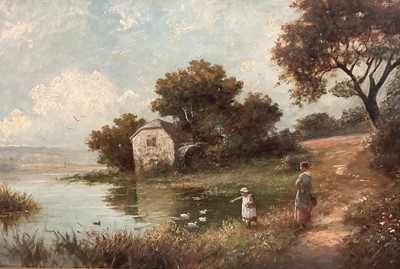 Lot 145 - English School 19th Century, oil on canvas, A river landscape with a mother and child feeding 
ducks. 39 x 59cm.