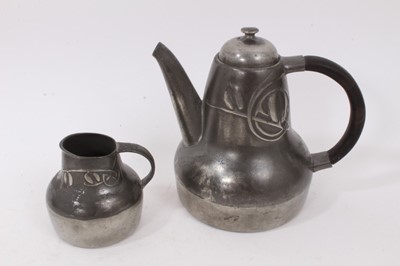 Lot 705 - Tudric pewter teapot and ensuite cream jug, by Archibald Knox, other pewter