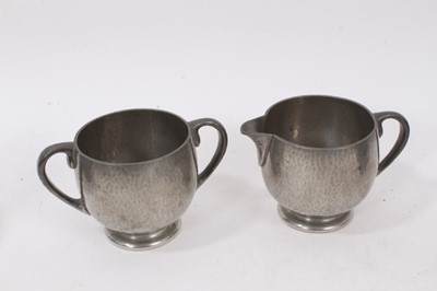 Lot 705 - Tudric pewter teapot and ensuite cream jug, by Archibald Knox, other pewter