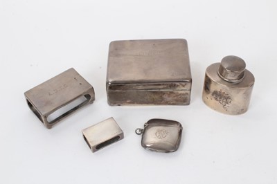 Lot 234 - Silver tea caddy,  silver cigarette box and silver match box covers