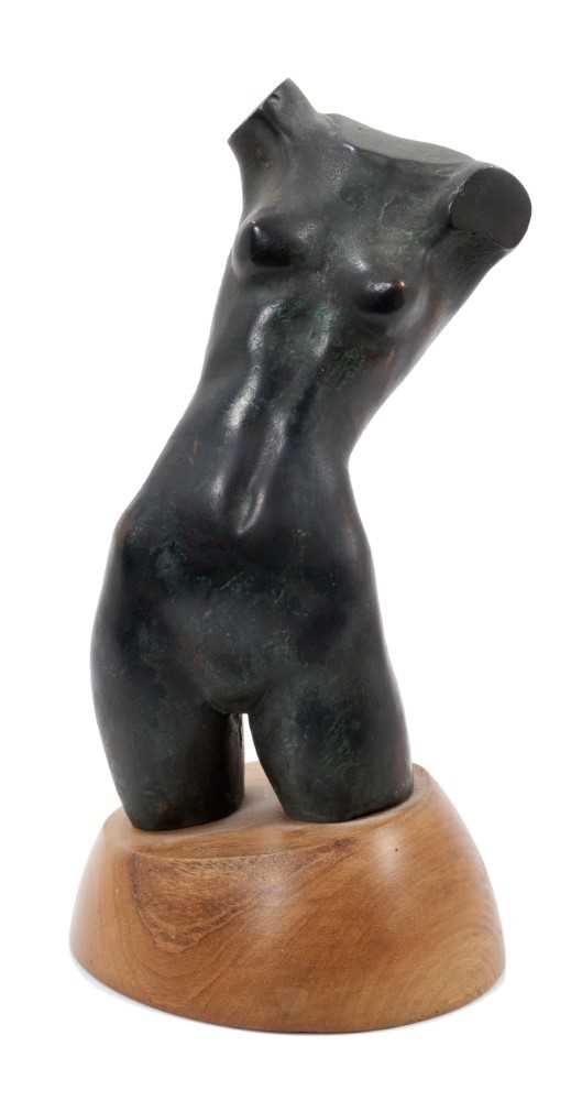 Lot 1298 - Bernard Reynolds (1915-1997) bronze figure study, stamped to shaped wooden base, numbered 5/8 and dated 1986, 21.5cm high overall