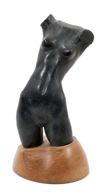 Lot 1298 - Bernard Reynolds (1915-1997) bronze figure study, stamped to shaped wooden base, numbered 5/8 and dated 1986, 21.5cm high overall