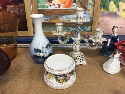 Lot 86 - A Dresden floral encrusted candelabra, a Dresden plinth, and a Royal Copenhagen vase (3)