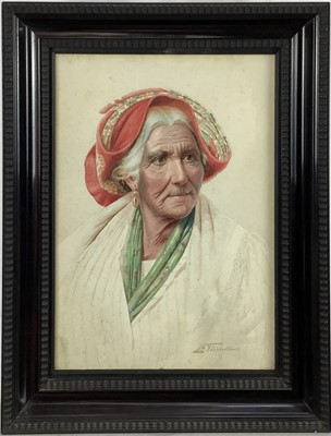 Lot 81 - Antonio Enrico Fiorentino (1894-1962) signed watercolour - portrait of an elderly lady, 24.5cm x 35cm in ebonised frame (36cm x 47cm overall)