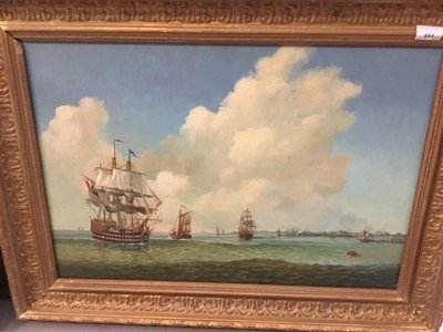 Lot 654 - English school oil on panel, naval scene in gilt frame and decorative pictures
