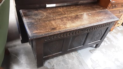 Lot 1120 - Antique carved coffer with carved and panelled decoration, 119cm wide, 48cm deep, 61cm high