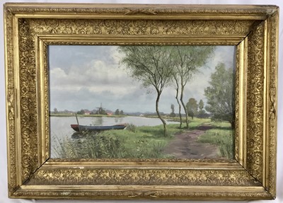 Lot 74 - 19th century Impressionist style oil indistinctly signed,  landscape with boat on a river, 27.5cm x 45.5cm, framed