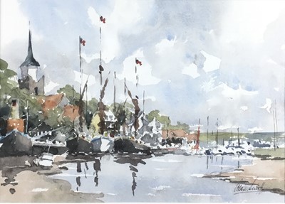 Lot 5 - Alan Smith (b.1941) watercolour - quayside (probably Maldon) with moored Thames barges, signed, 35cm x 25cm, in glazed frame