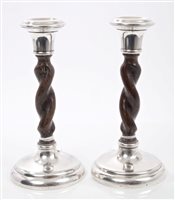 Lot 237 - Pair 1920s wooden barley-twist candlesticks...