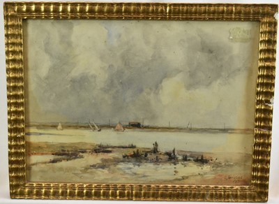 Lot 1202 - Arthur Briscoe (1873-1943) watercolour - view near Mersea Island, signed and dated 'A. Briscoe /23', 25cm x 34.5cm, in glazed gilt frame