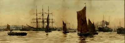 Lot 39 - Charles Edward Dixon (1872-1934) watercolour - Off Tilbury Docks, signed, titled and dated 1900, 27cm x 75cm, in glazed gilt frame