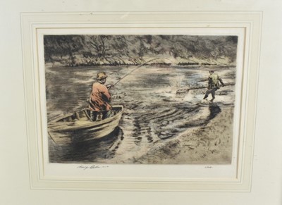 Lot 1042 - Henry Wilkinson (1921-2011) signed coloured etching - Landing the Catch, 6/250, 27c x 36cm, in glazed frame