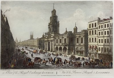 Lot 38 - Five various antique coloured London prints including the Royal Exchange, Royal Mint, Waterloo Bridge and others, each in glazed frame