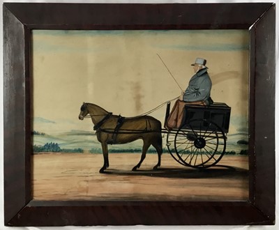 Lot 93 - Naïve School, 19th century watercolour - a gentleman in a pony and trap, 47cm x 59cm, in glazed frame