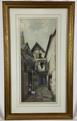 Lot 84 - David Skinner, late Victorian watercolour - 'Back of the Rose and Crown, Plymouth', signed, dated 1896 and inscribed, 45cm x 19cm, in glazed gilt frame