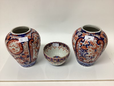 Lot 24 - Pair of 19th century Imari vases together with small Japanese bowl of Imari colours