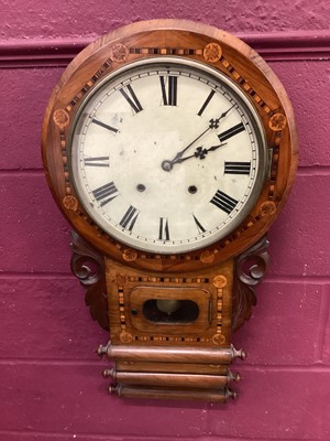 Lot 14 - Victorian inlaid drop dial wall clock together with two mahogany mantel clocks
