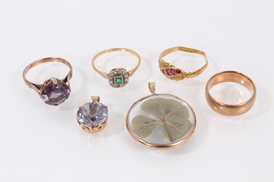 Lot 459 - Early 20th century emerald and diamond cluster ring on 18ct yellow gold shank, Edwardian 18ct gold ruby and diamond ring, synthetic Alexandrite single stone ring and pendant in gold mounts, 9ct gol...
